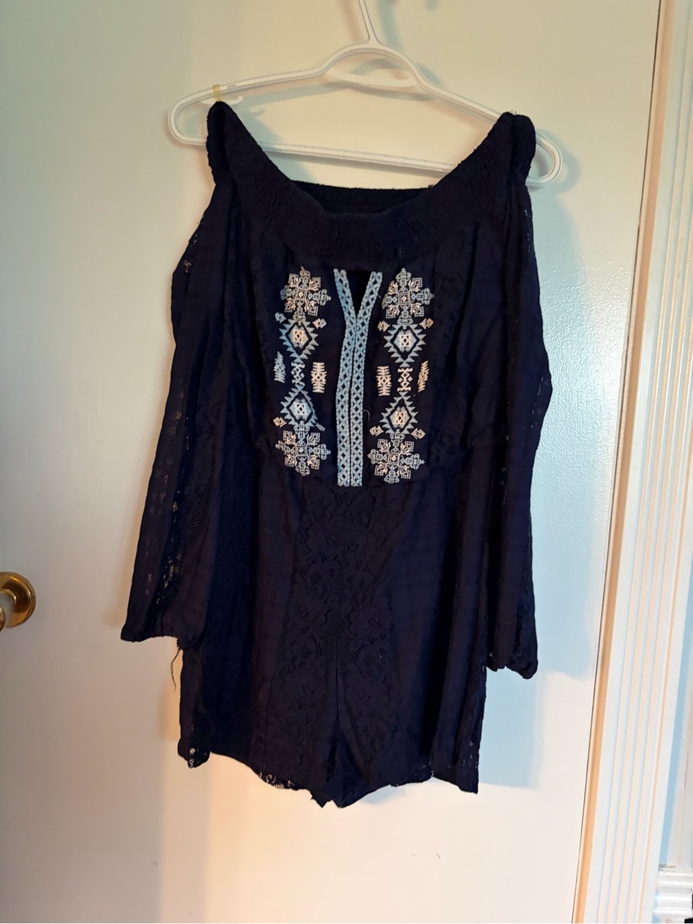Women’s Navy Embroidered Peasant Romper - Navy